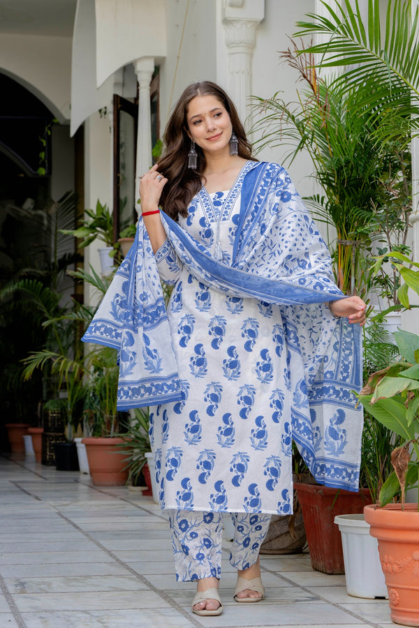Cotton Printed straight  Kurta Set with Pants & Dupatta