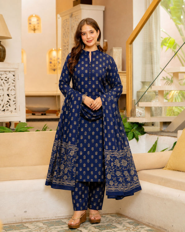 Pure Cotton Straight Kurta Set with Palazzo Pants & Dupatta