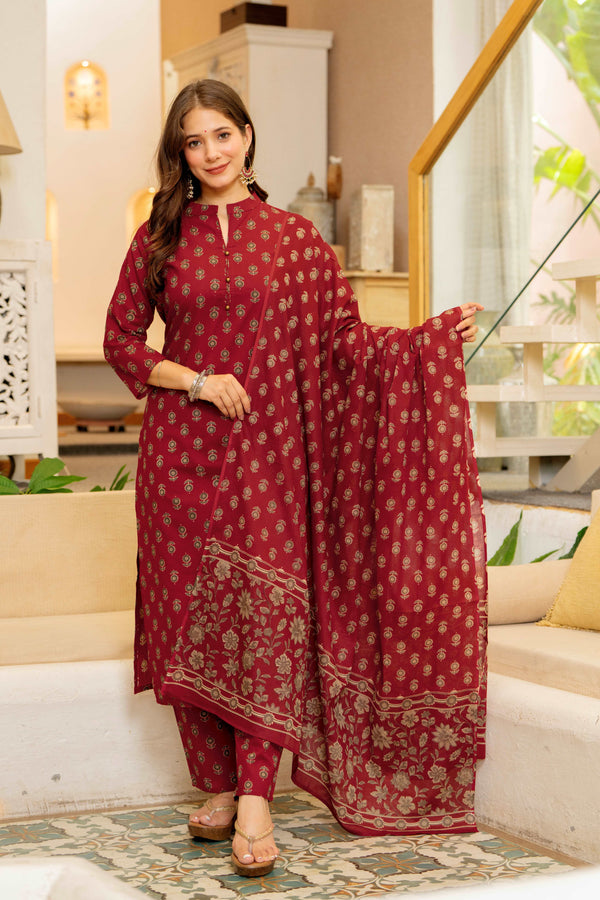 GEKHA Women's Pure Cotton Straight Kurta Set with Palazzo Pants & Dupatta|Ethnic wear|Kurta Set for Women