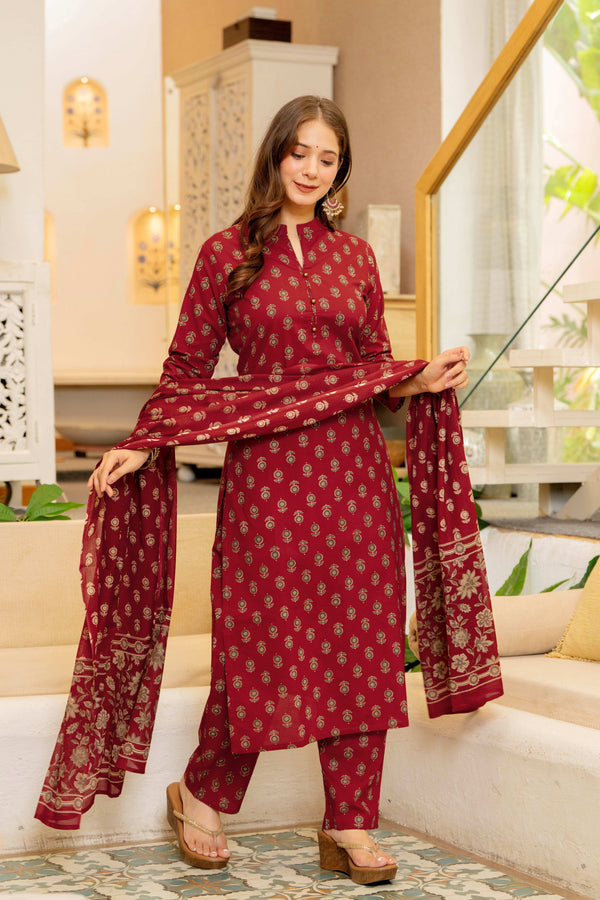 GEKHA Women's Pure Cotton Straight Kurta Set with Palazzo Pants & Dupatta|Ethnic wear|Kurta Set for Women