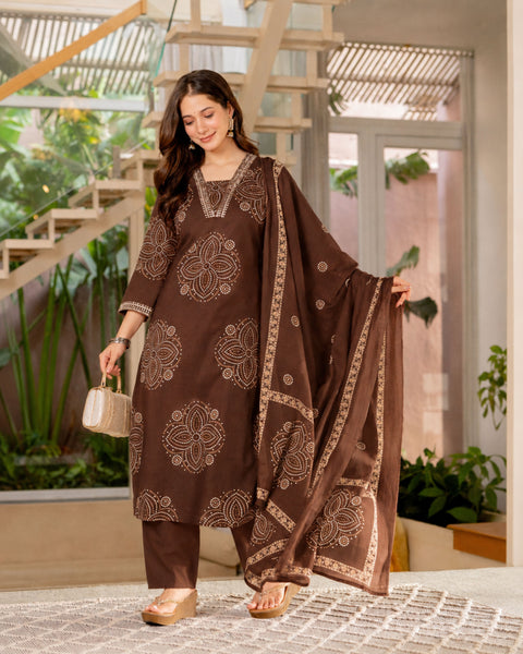 GEKHA Women's Pure Cotton Straight Kurta Set with Palazzo Pants & Dupatta|Ethnic wear|Kurta Set for Women