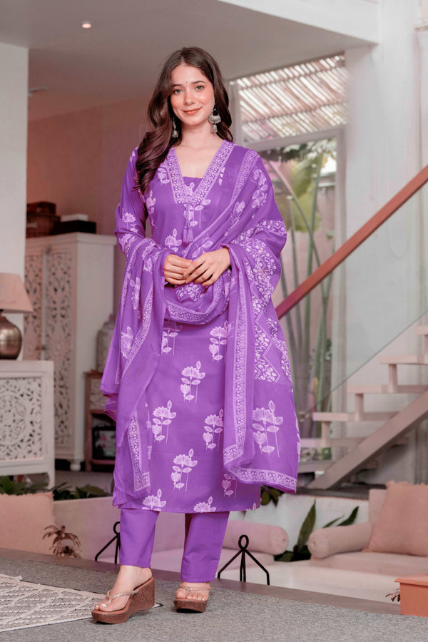 Gekha cotton Straight Kurta Set with Palazzo Pants & Dupatta Set