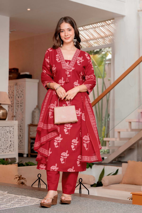 Gekha cotton Straight Kurta Set with Palazzo Pants & Dupatta Set