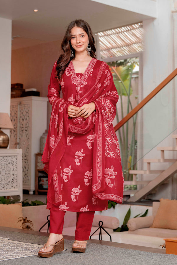 Gekha cotton Straight Kurta Set with Palazzo Pants & Dupatta Set