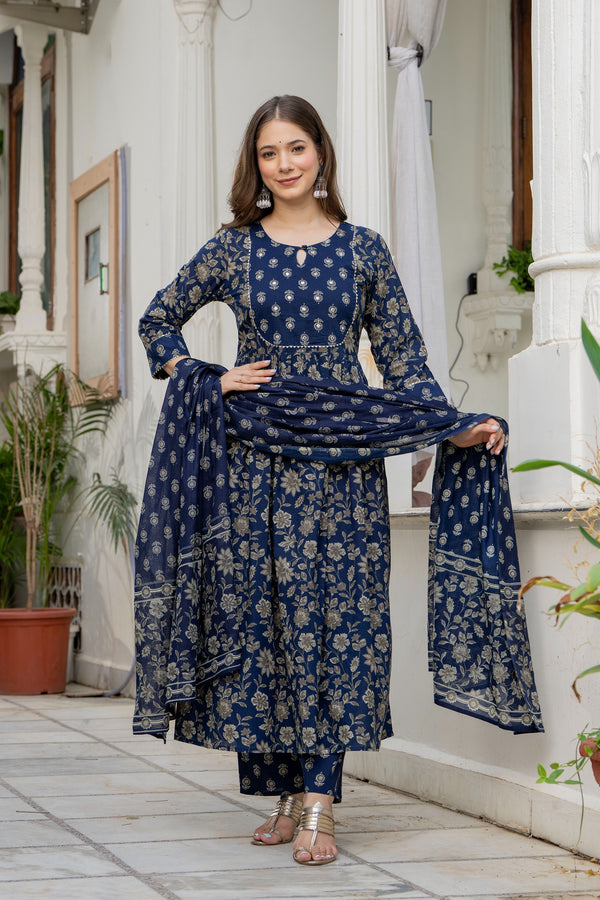 GEKHA Women's Printed A-Line Flared Mirror Work Kurta Pant with Dupatta Set |Floral Ethnic Suit Set |Kurta for Festive, Casual & Office Wear