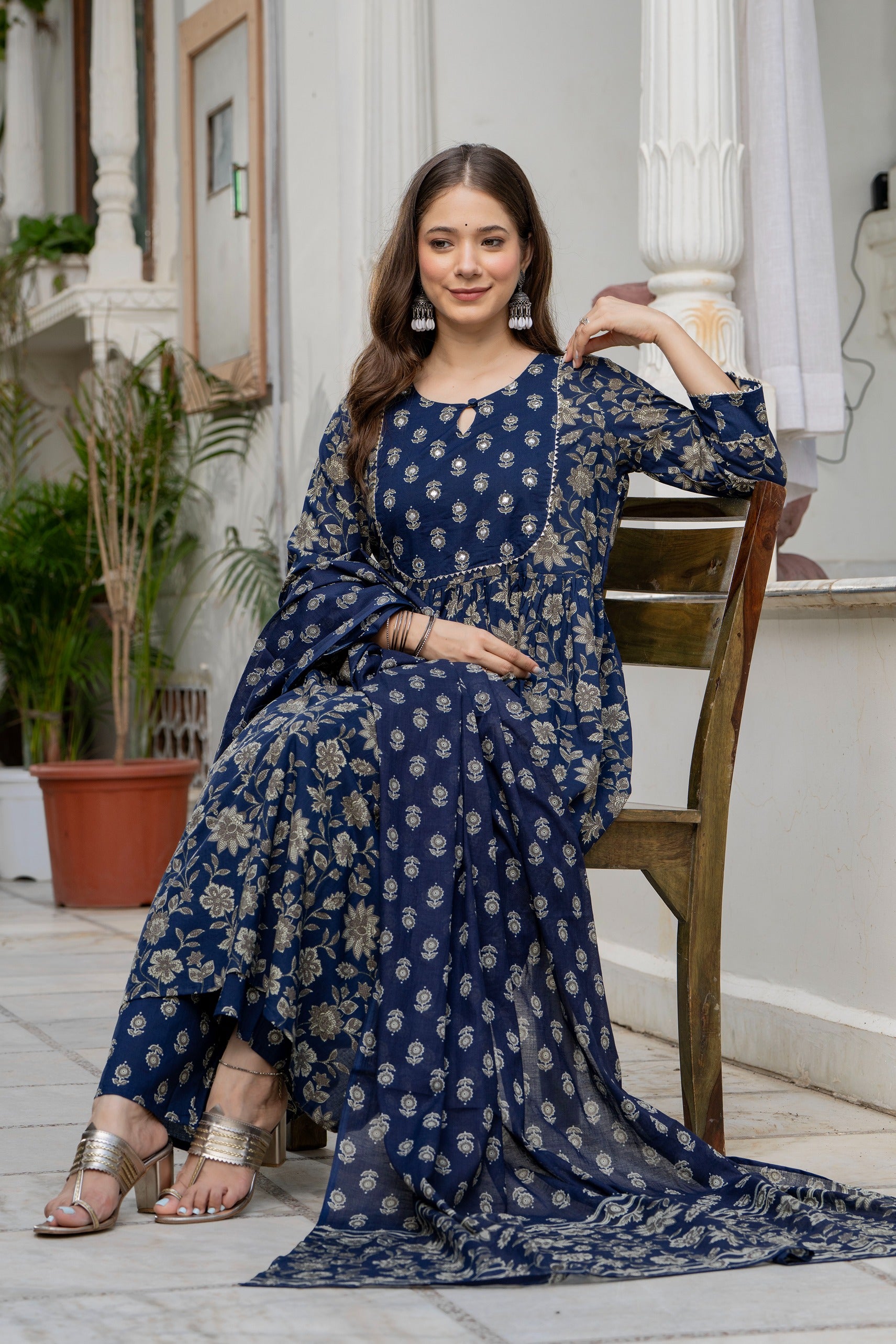 GEKHA Women's Printed A-Line Flared Mirror Work Kurta Pant with Dupatta Set |Floral Ethnic Suit Set |Kurta for Festive, Casual & Office Wear
