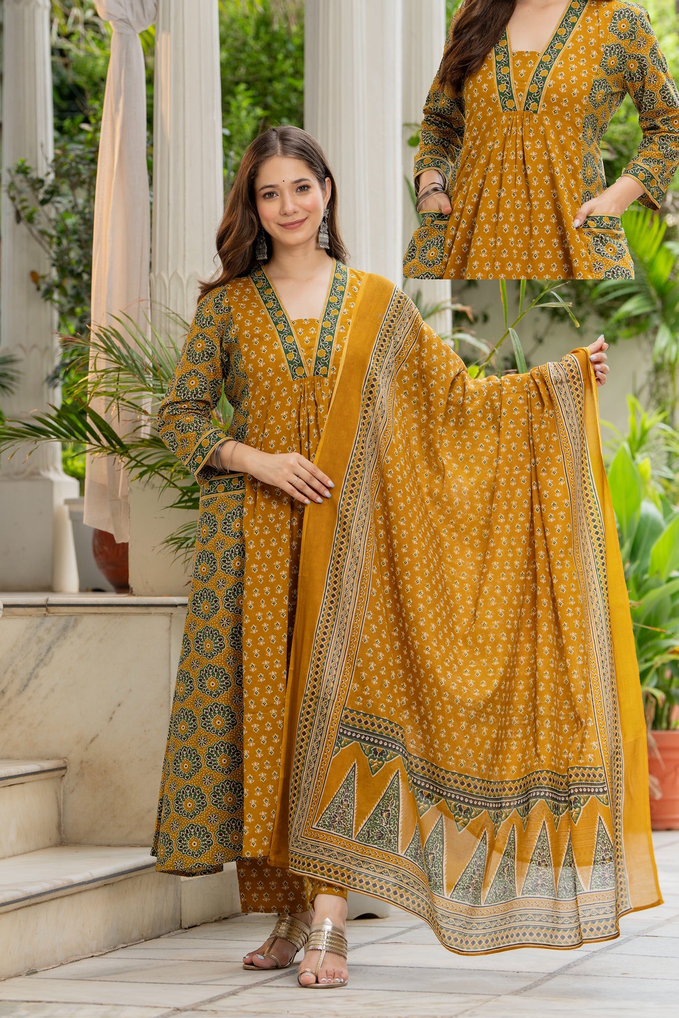 GEKHA Women's Printed A-Line Flared 2 Pockets Kurta Pant with Dupatta Set |Floral Ethnic Suit Set |Kurta for Festive, Casual & Office Wear