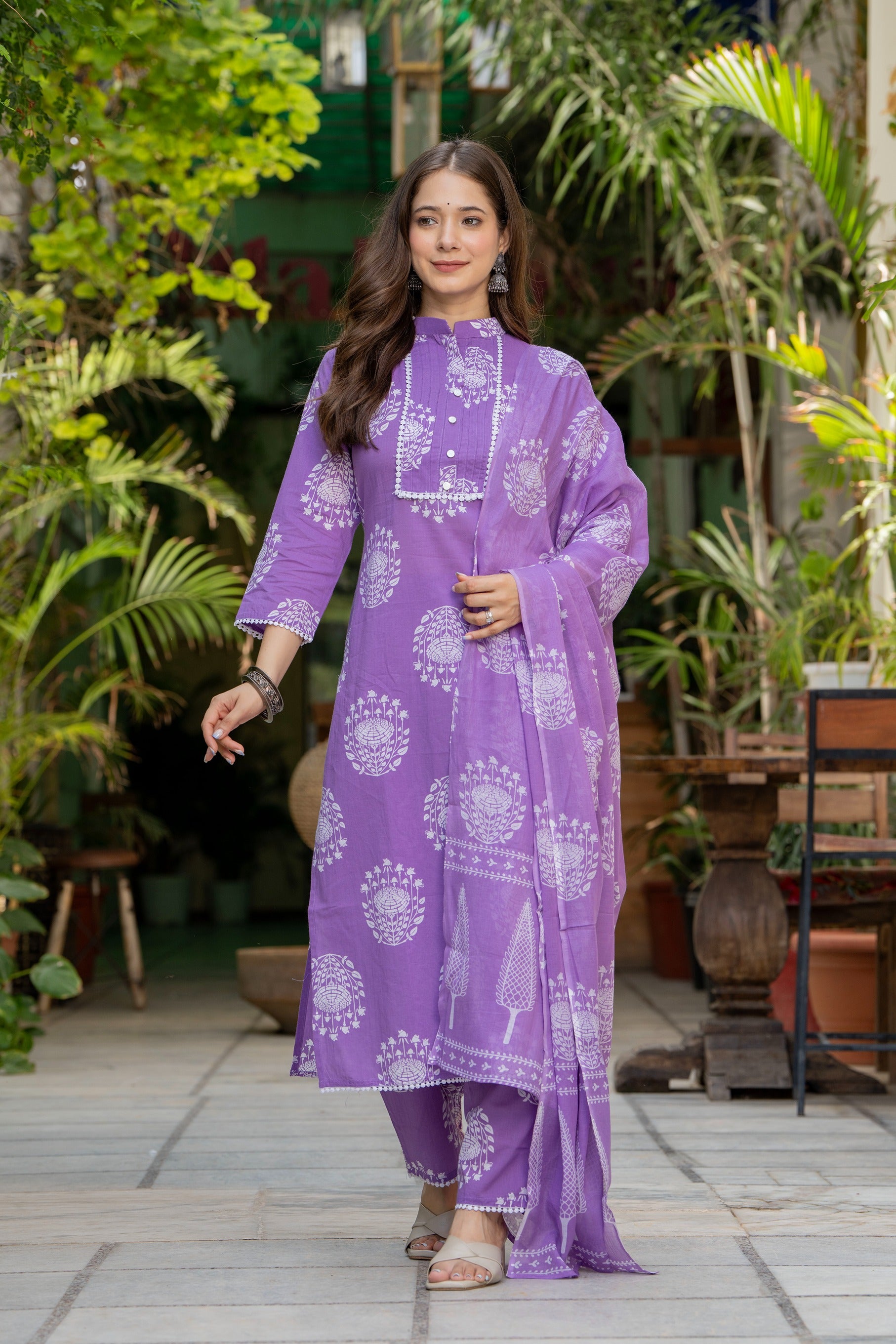 GEKHA Women's Pure Cotton Straight High Neck Kurta Set with Palazzo Pants & Dupatta|Ethnic wear|Kurta Set for Women