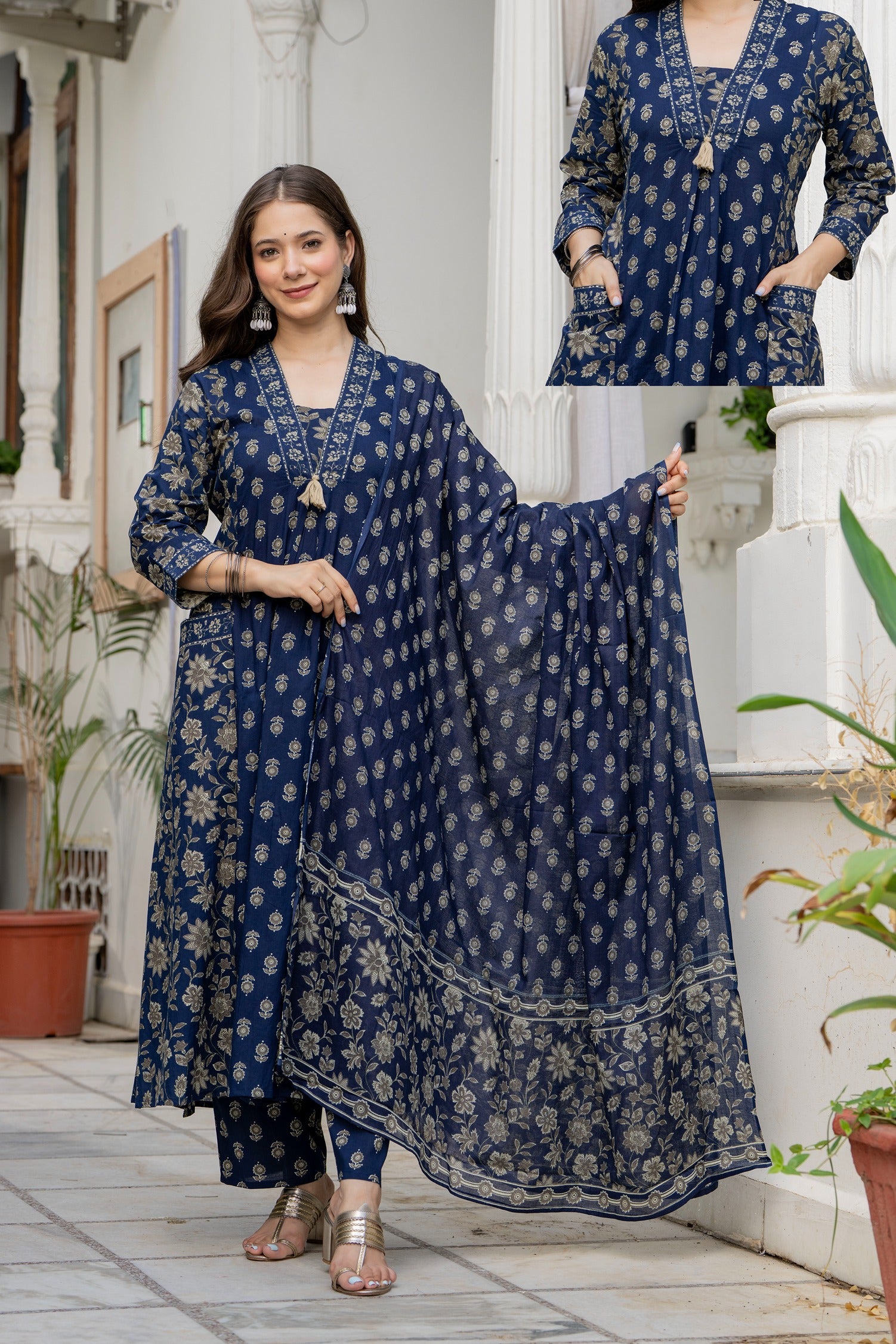 GEKHA Women's Printed A-Line Flared 2 Pockets Kurta Pant with Dupatta Set |Floral Ethnic Suit Set |Kurta for Festive, Casual & Office Wear
