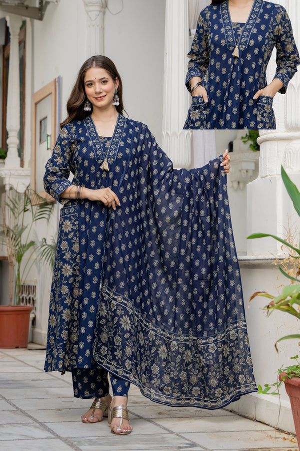 GEKHA Women's Printed A-Line Flared 2 Pockets Kurta Pant with Dupatta Set |Floral Ethnic Suit Set |Kurta for Festive, Casual & Office Wear