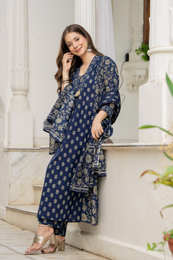 GEKHA Women's Printed A-Line Flared 2 Pockets Kurta Pant with Dupatta Set |Floral Ethnic Suit Set |Kurta for Festive, Casual & Office Wear
