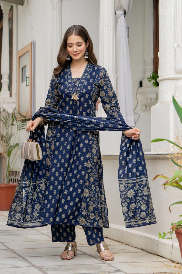 Printed A-Line Flared 2 Pockets Kurta Pant with Dupatta Set
