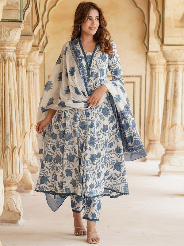 PARTHVI Women's Printed Anarkali Kurta With Palazzo & Dupatta Set