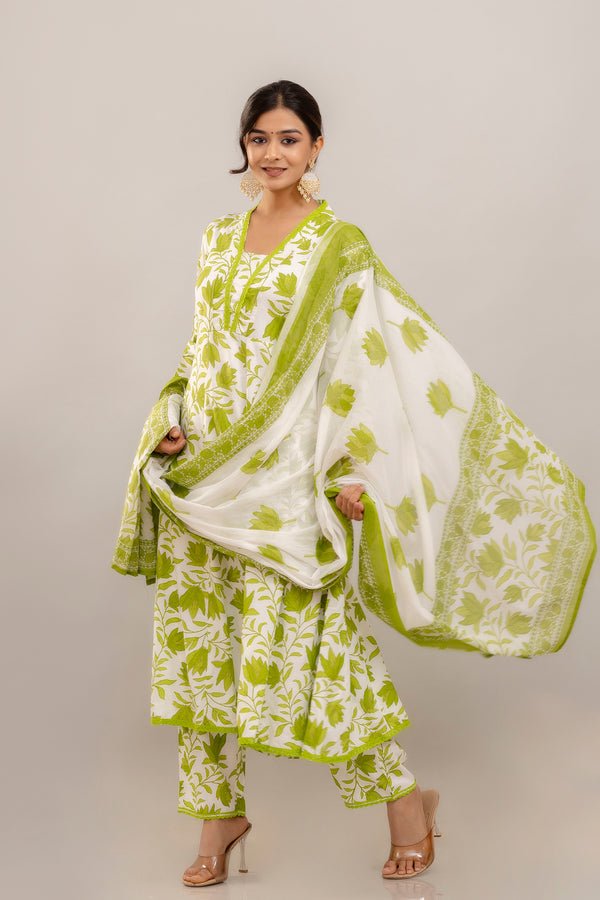 PARTHVI Women's Printed Anarkali Kurta With Palazzo & Dupatta Set