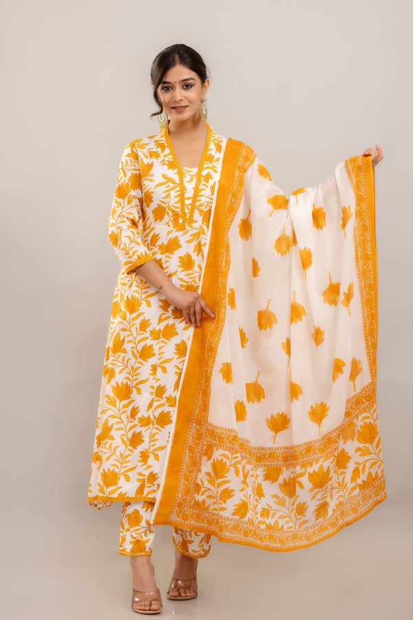 PARTHVI Women's Printed Anarkali Kurta With Palazzo & Dupatta Set