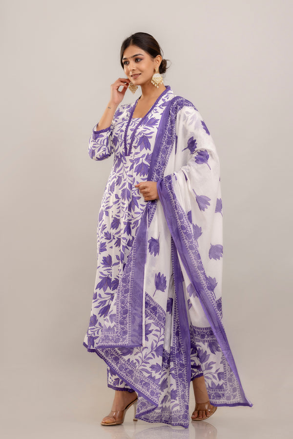 PARTHVI Women's Printed Anarkali Kurta With Palazzo & Dupatta Set