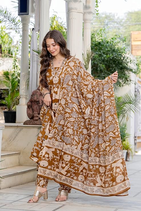 GEKHA Women’s Cotton Printed Flared Kurta Set with Pants & Dupatta | Elegant Ethnic Wear for Women | Floral Print | Comfortable Suit Set