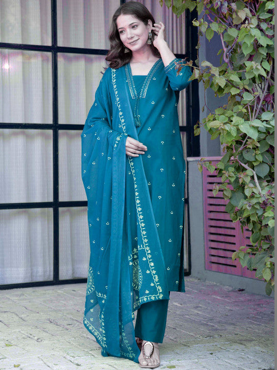 Women's Pure Cotton Printed Straight Kurta Set with Palazzo Pants & Dupatta