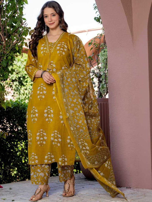 Women's Pure Cotton Printed Straight Kurta Set with Palazzo Pants & Dupatta