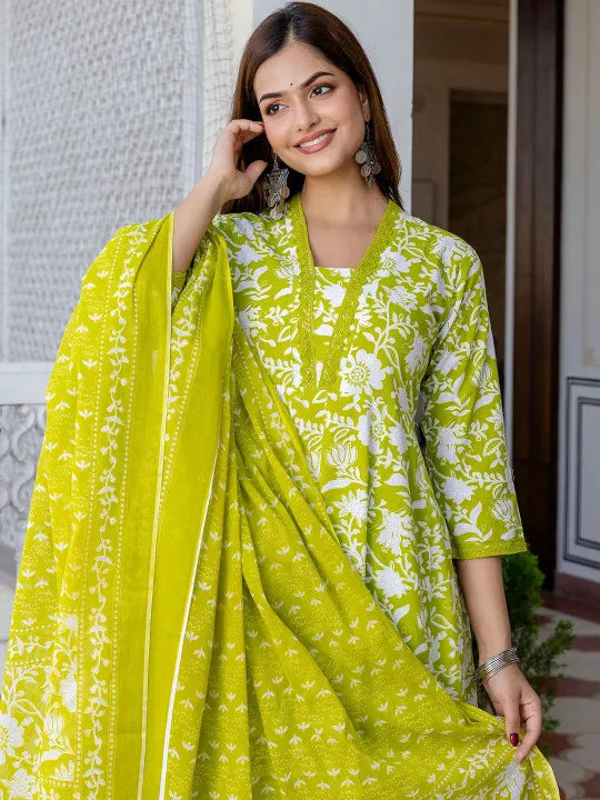 Elegant Floral Cotton Anarkali Suit Set with Dupatta