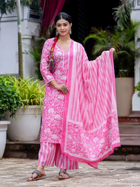 Floral Printed Thread Work Straight Kurta With Trousers & Dupatta