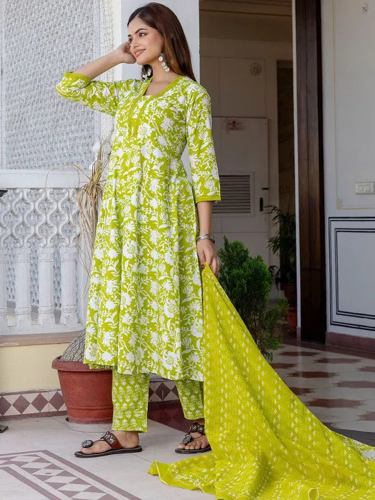 Elegant Floral Cotton Anarkali Suit Set with Dupatta