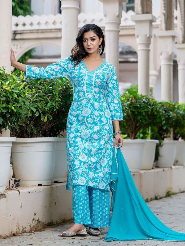 Floral Printed Thread Work Straight Kurta With Trousers & Dupatta