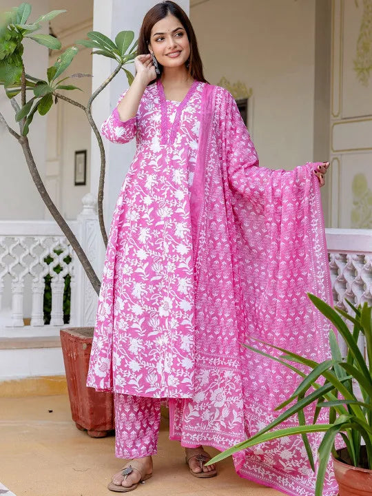 Elegant Floral Cotton Anarkali Suit Set with Dupatta