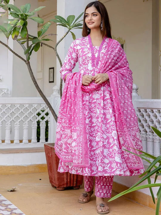 Elegant Floral Cotton Anarkali Suit Set with Dupatta