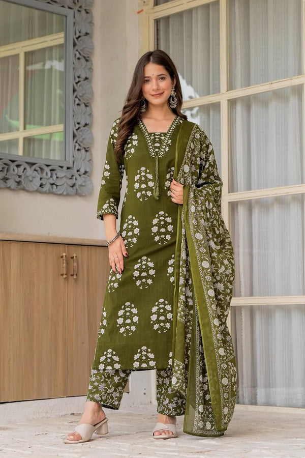 Women's Pure Cotton Printed Straight Kurta Set with Palazzo Pants & Dupatta