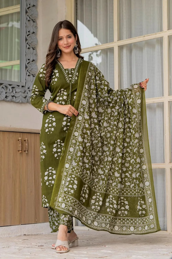 Women's Pure Cotton Printed Straight Kurta Set with Palazzo Pants & Dupatta