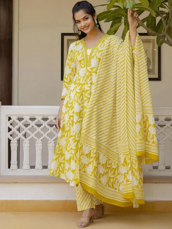 Women's Printed Cotton Anarkali Kurta & Pant With Dupatta Set