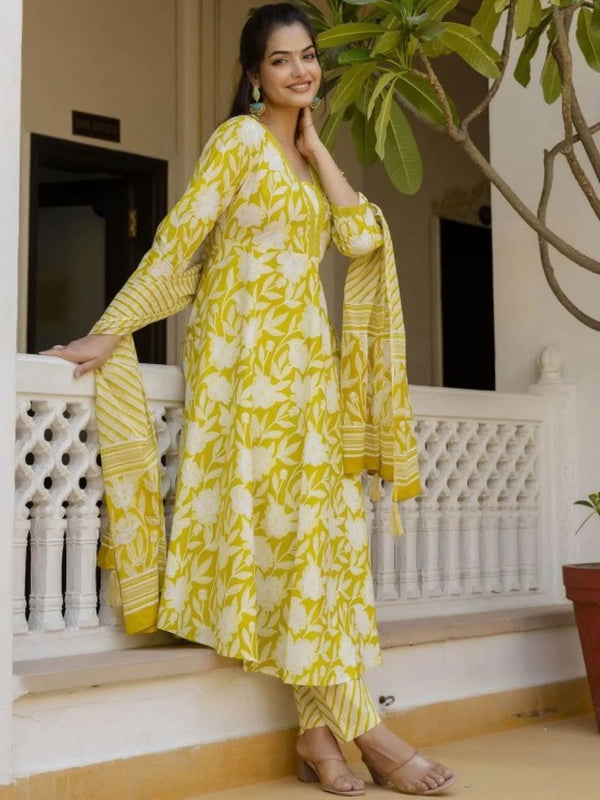 Women's Printed Cotton Anarkali Kurta & Pant With Dupatta Set