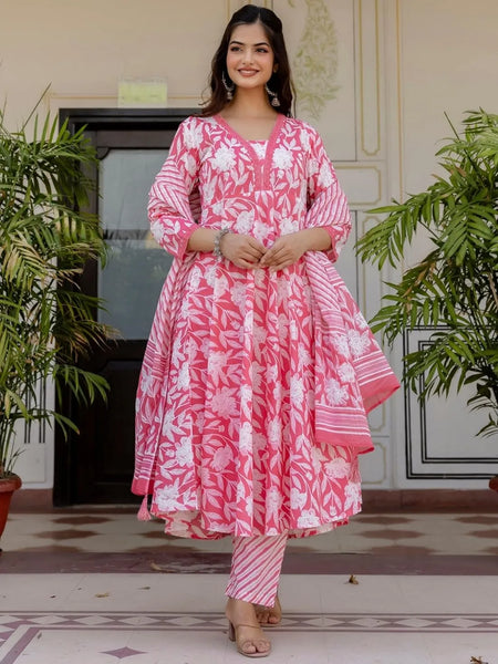 Women's Printed Cotton Anarkali Kurta & Pant With Dupatta Set