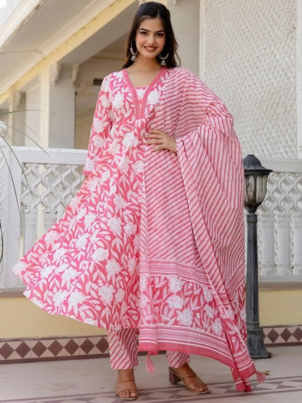 Women's Printed Cotton Anarkali Kurta & Pant With Dupatta Set