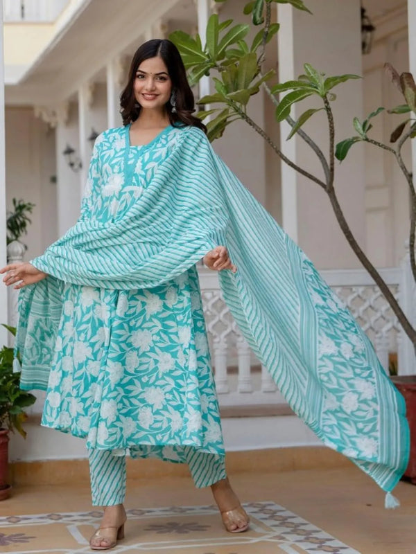 Women's Printed Cotton Anarkali Kurta & Pant With Dupatta Set