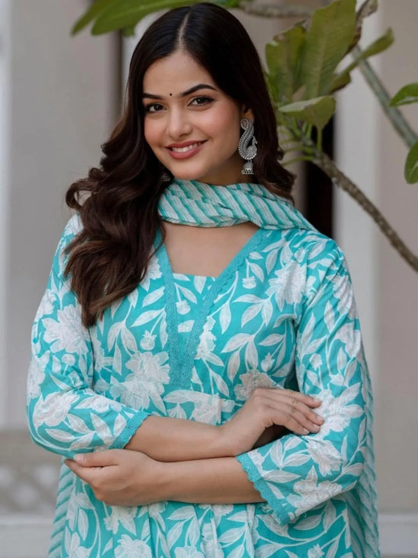 Women's Printed Cotton Anarkali Kurta & Pant With Dupatta Set