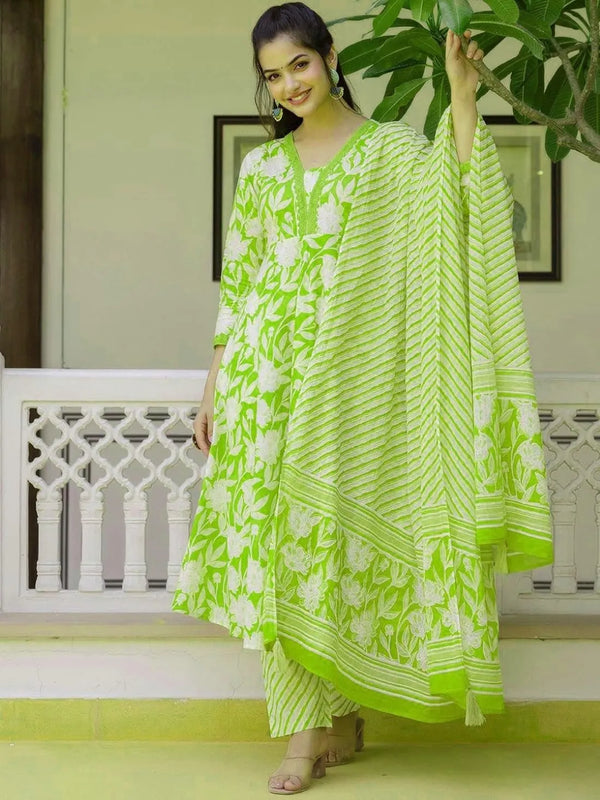 Women's Printed Cotton Anarkali Kurta & Pant With Dupatta Set