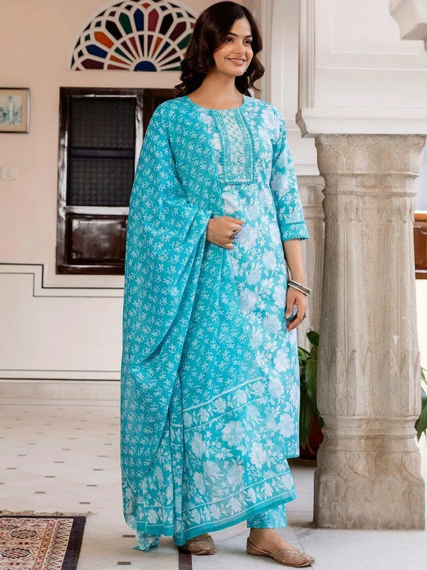 Floral Printed Round Neck Thread Work Pure Cotton Kurta With Trousers & Dupatta