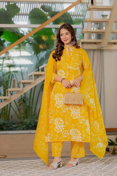 Floral Printed Pure Cotton Mandarin Collar Kurta With Palazzos & Dupatta