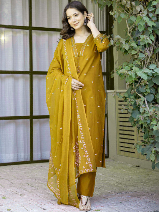 Women's Pure Cotton Printed Straight Kurta Set with Palazzo Pants & Dupatta